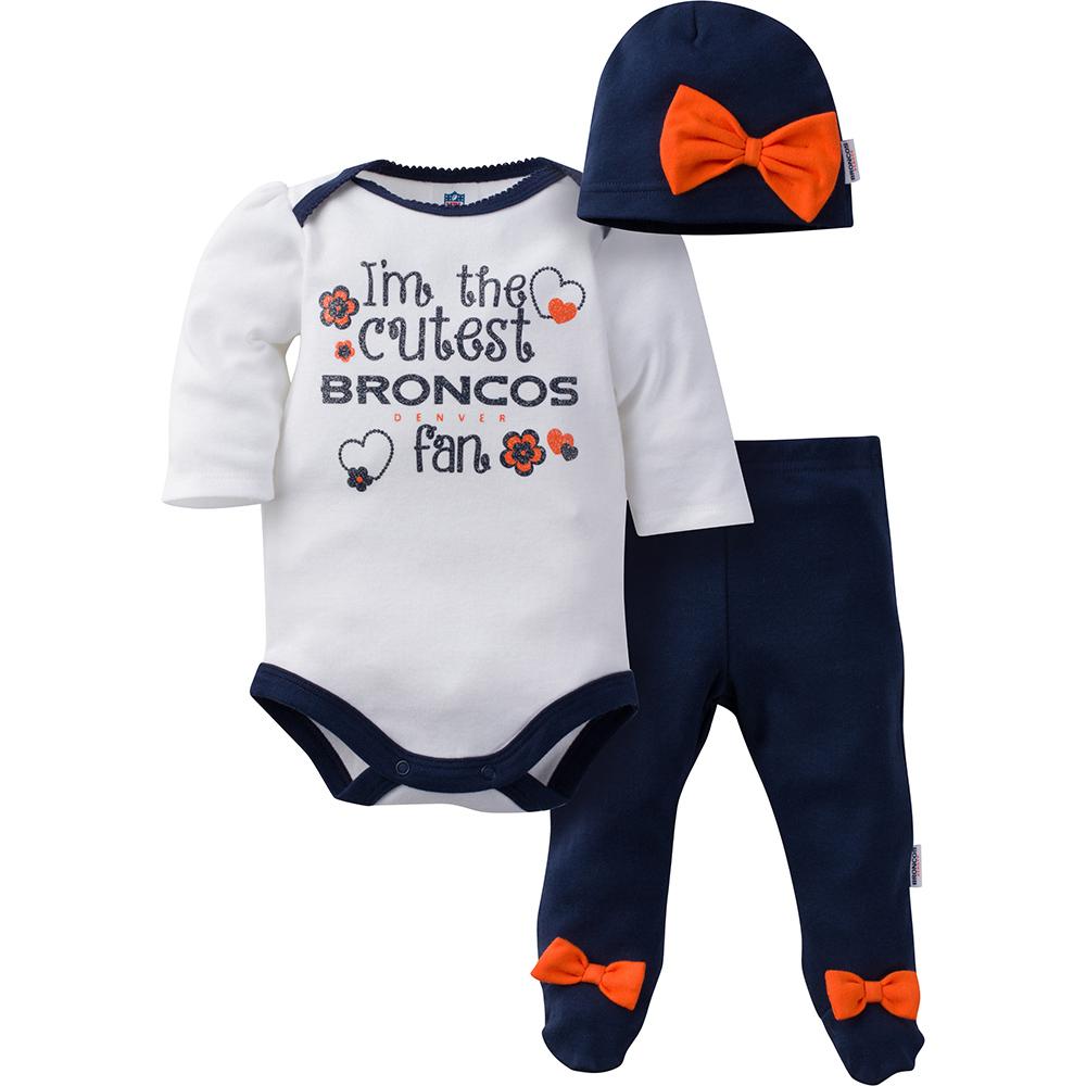 Broncos Baby Girls Bodysuit, Pant and Cap Set