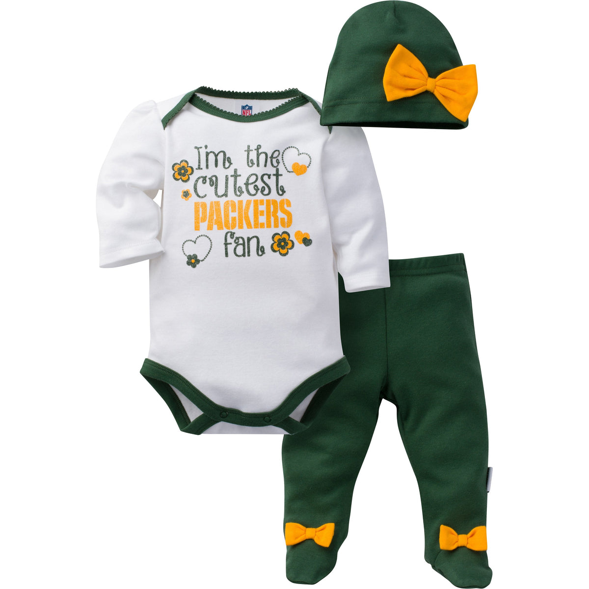 Green Bay Packers 3-Piece Newborn Girl Bodysuit, Footed Pant and Cap Set