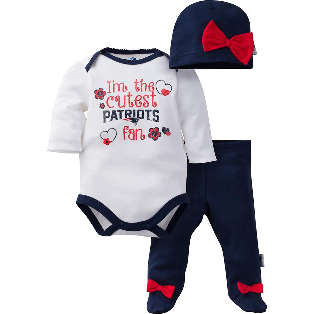 Patriots Baby Girls Bodysuit, Pant and Cap Set