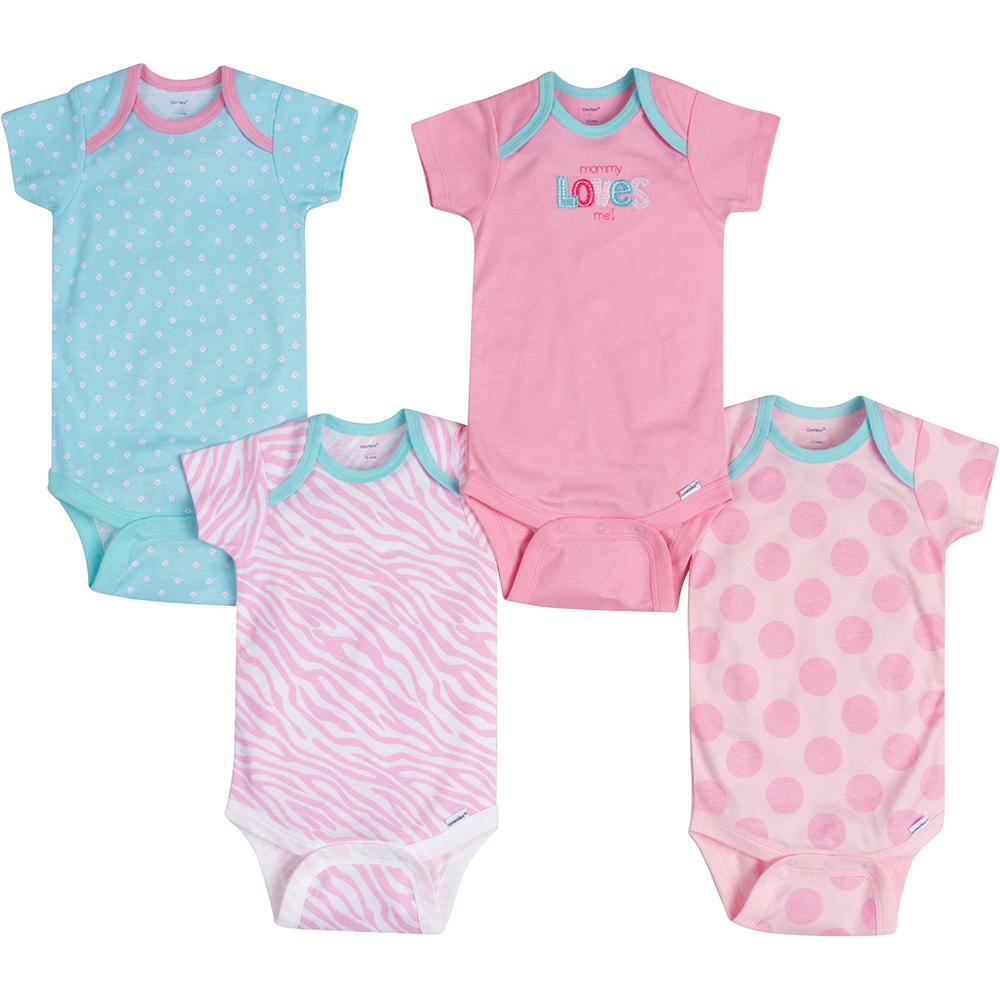 4-Pack Girls Pink Print Onesies Brand Short Sleeve Bodysuits