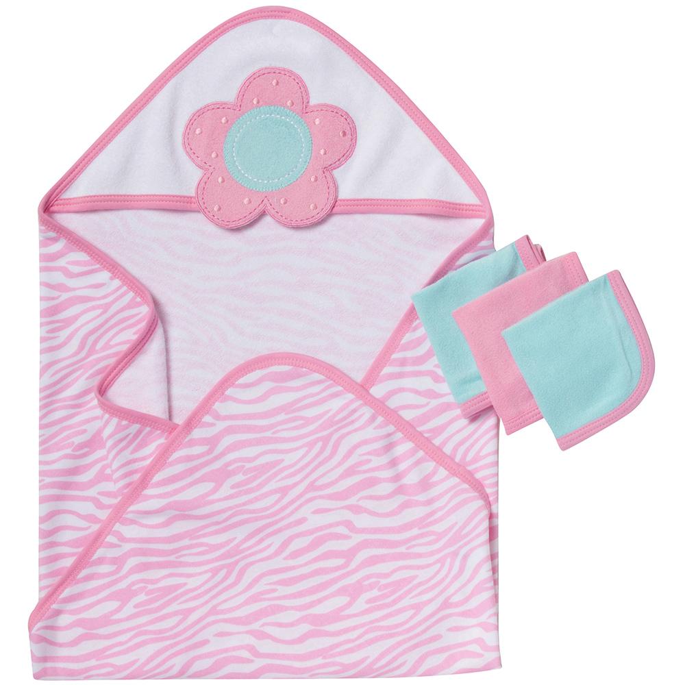 4-Piece Girls Pink Flower Hooded Towel & Washcloth Set