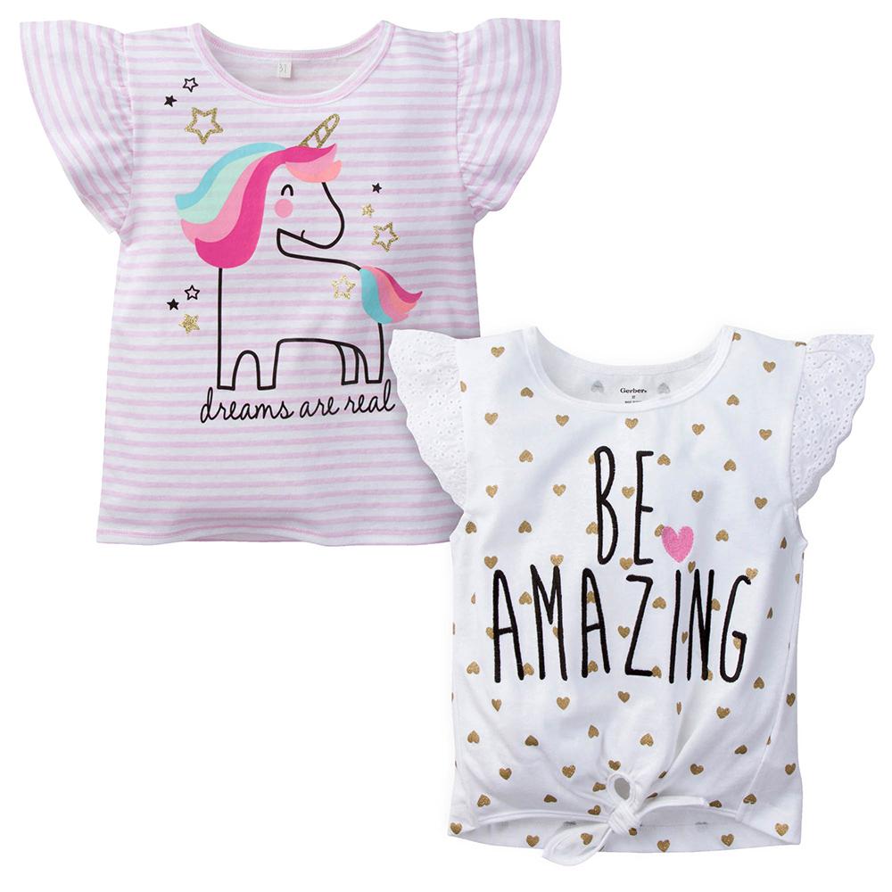 2-Pack Girls Unicorn & Be Amazing Fashion Tops