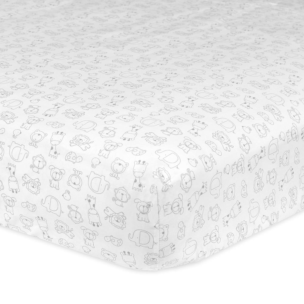 1-Pack Neutral Grey Animals Fitted Crib Sheet