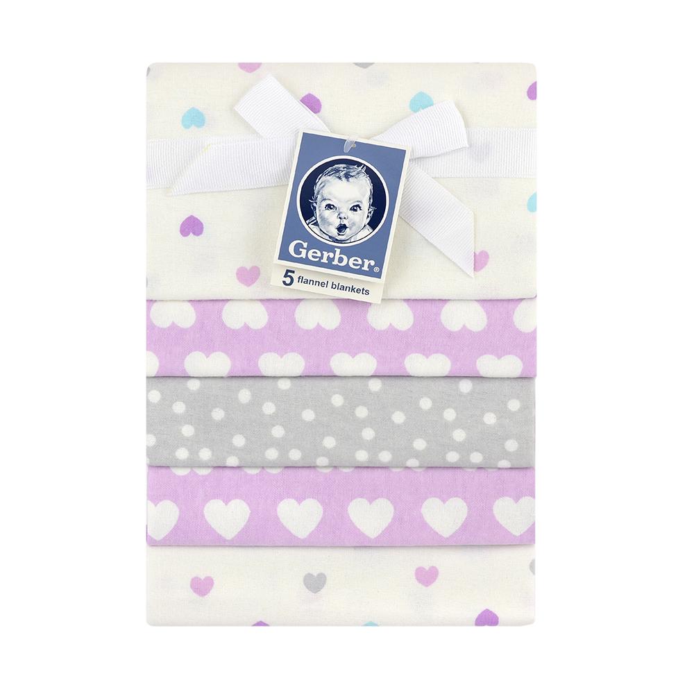 5-Pack Girls Purple Hearts Flannel Receiving Blankets, view 2