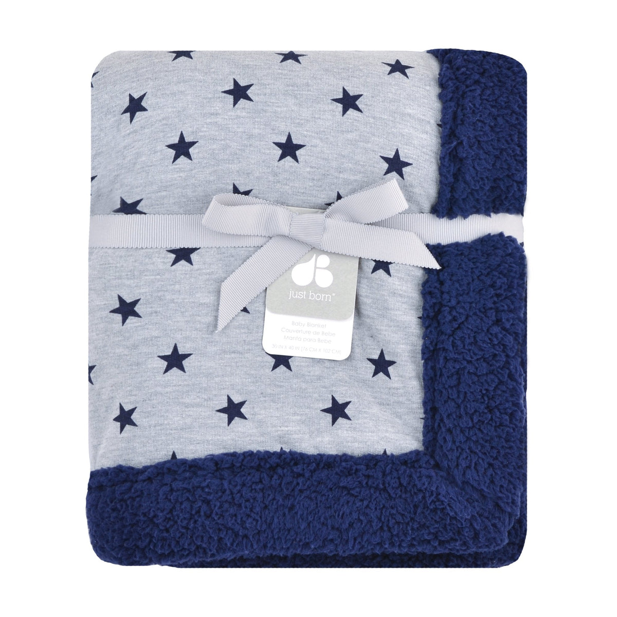 Just Born Neutral Star Plush Blanket in Navy and Heather Grey, view 2