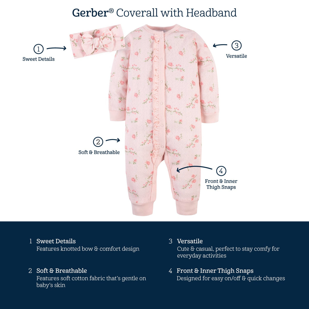 2-Piece Baby Girls Dots Coverall & Headband Set, view 6