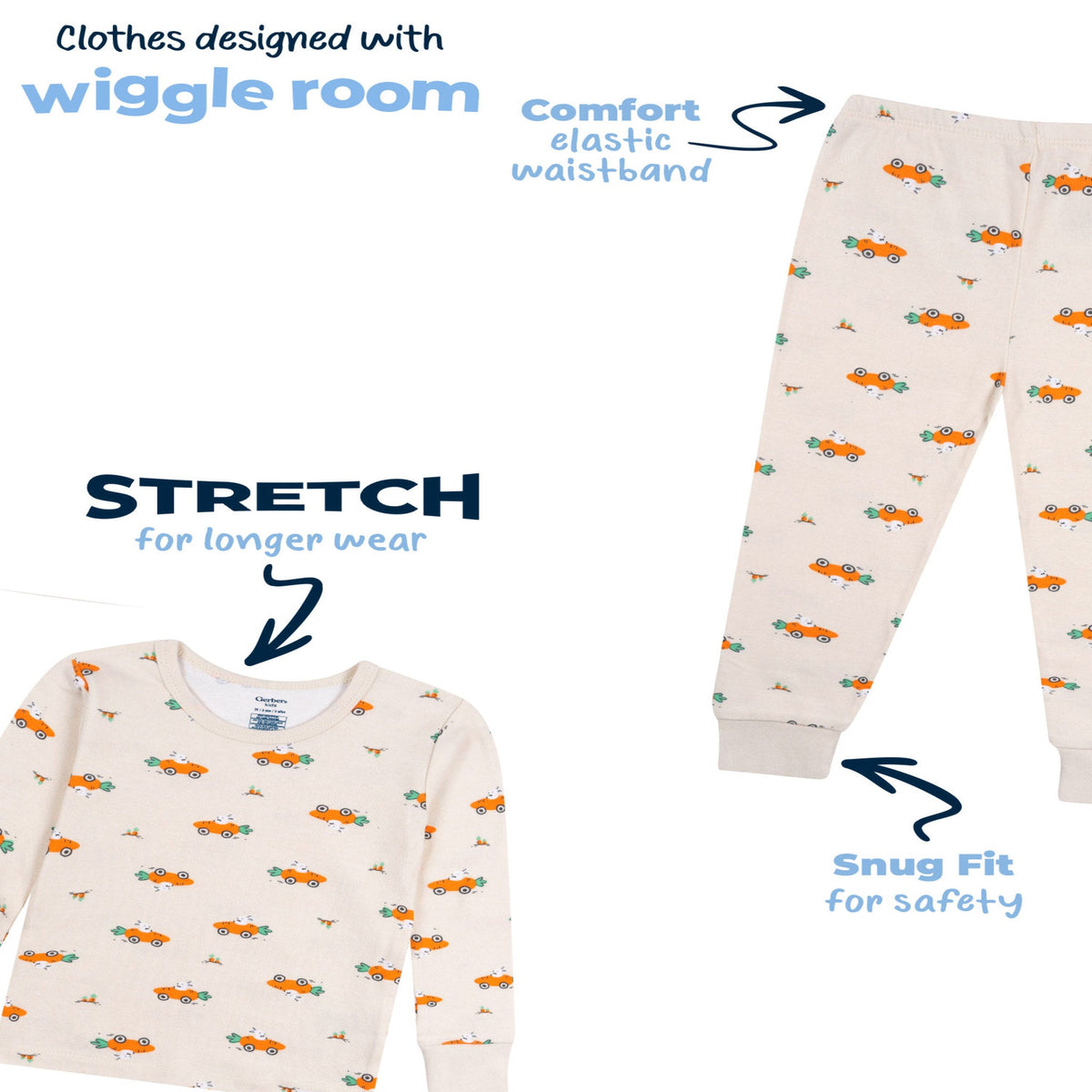 2-Piece Infant & Toddler Neutral Bunny Carrot Cars Cotton Pajamas-Gerber Childrenswear Wholesale
