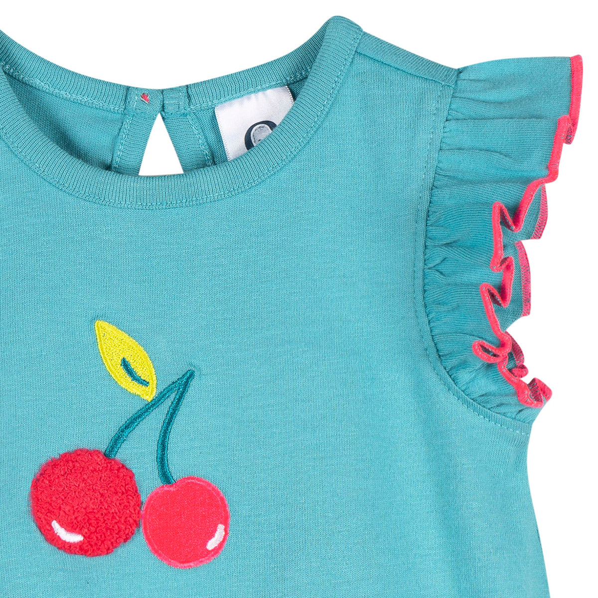 Baby Girls Aqua Cherries Pocket Romper, view 3