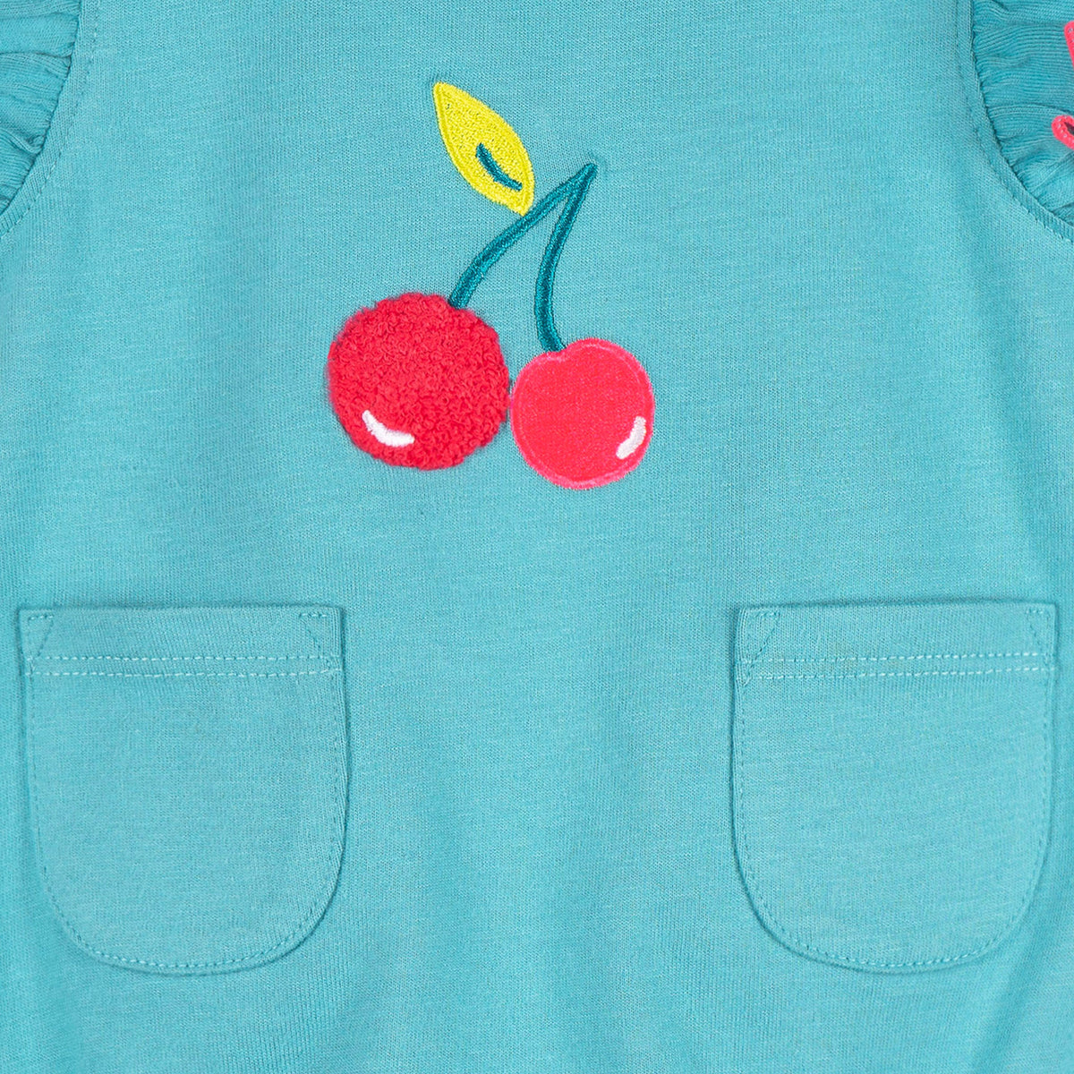 Baby Girls Aqua Cherries Pocket Romper, view 4