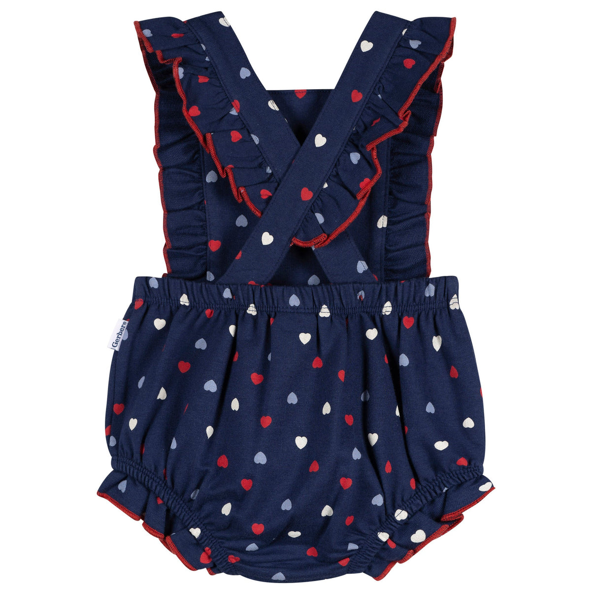 Baby Girls Blue Hearts Ruffle Strap Bubble Romper, view 2
