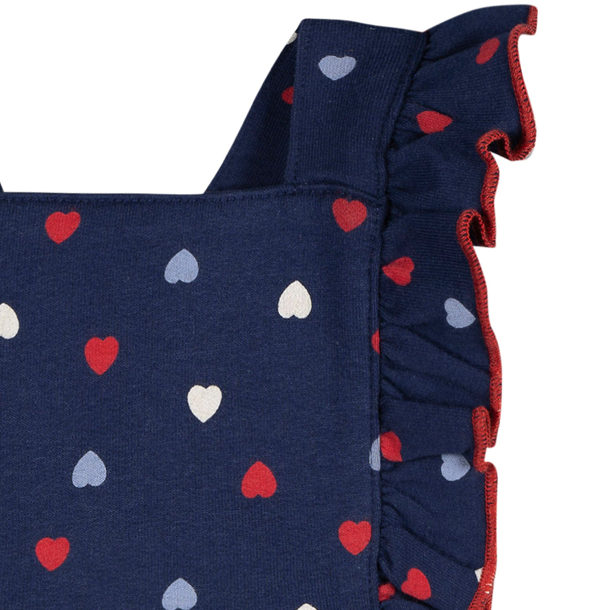 Baby Girls Blue Hearts Ruffle Strap Bubble Romper, view 3