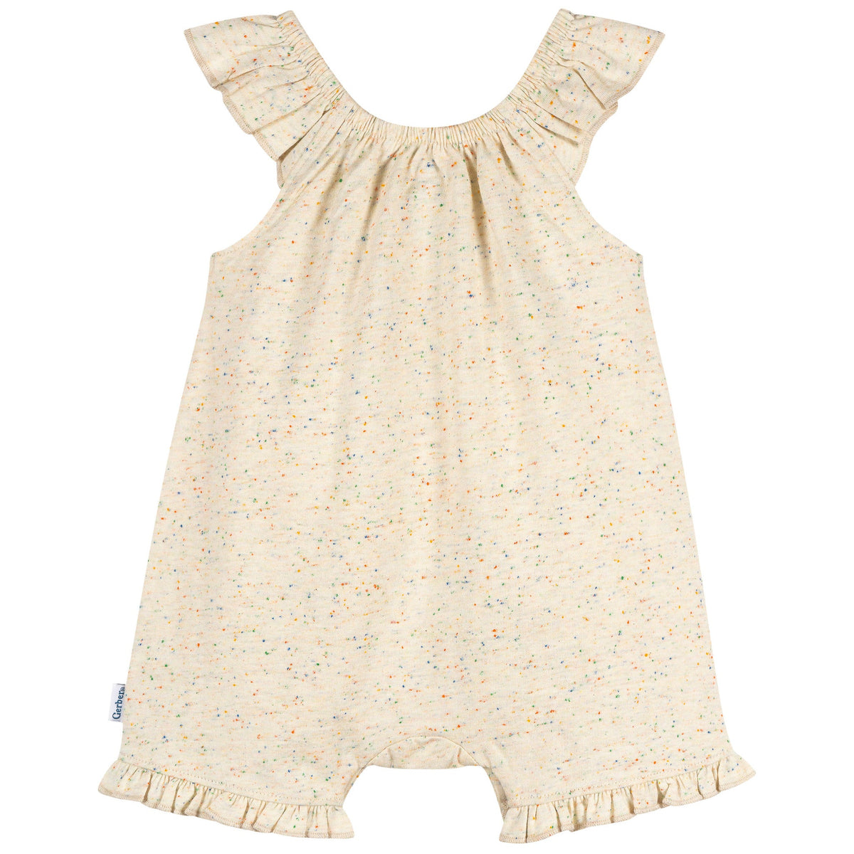Baby Girls Oatmeal Speckle Sleeveless Ruffle Romper, view 2