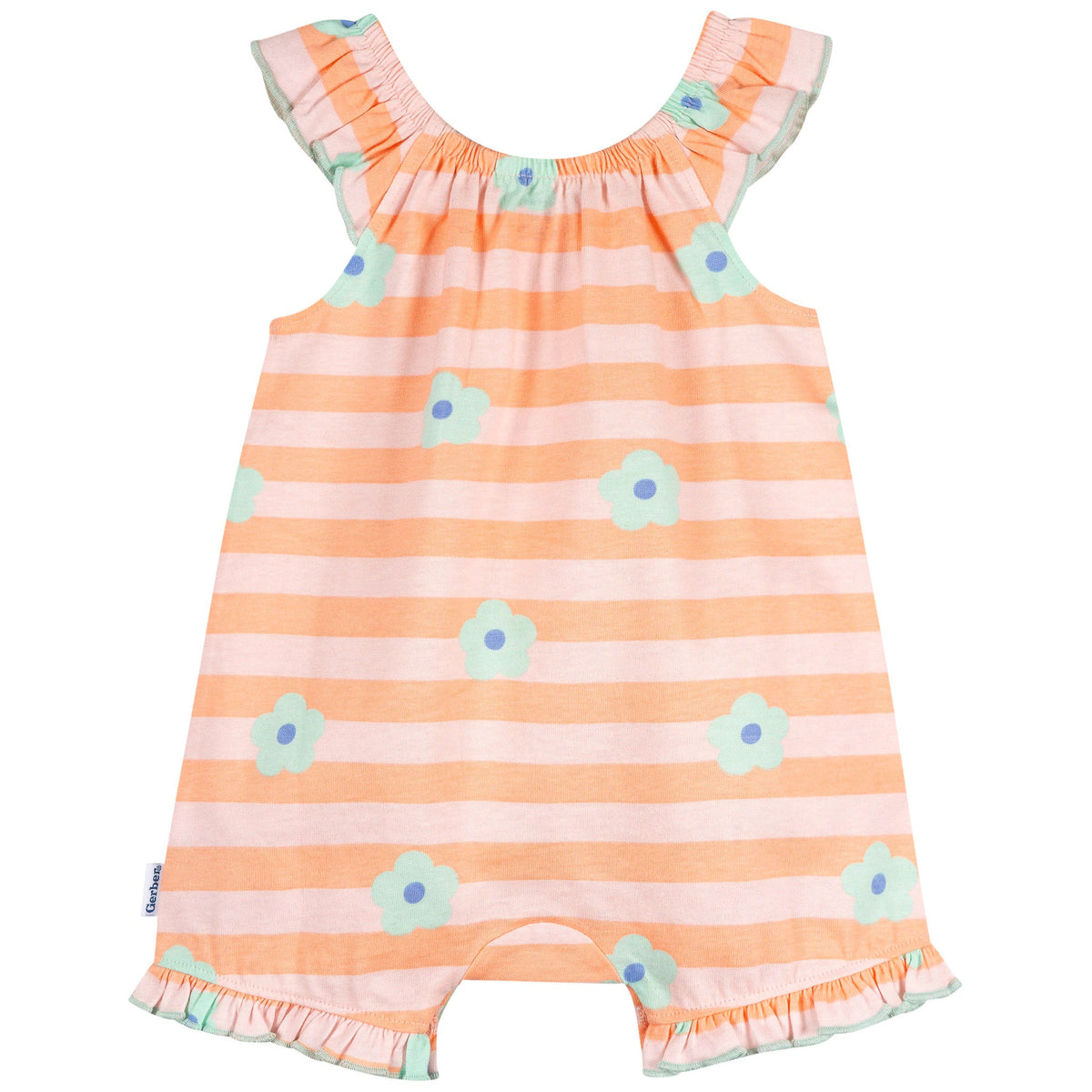 Baby Girls Pink Stripes Sleeveless Ruffle Romper, view 2