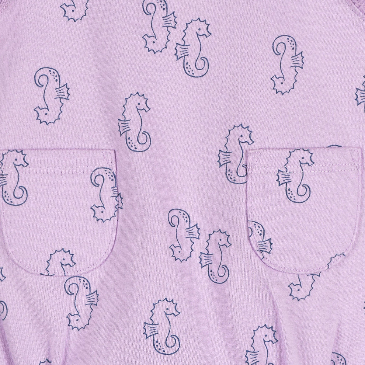 Baby Girls Purple Seahorses Pocket Romper, view 4