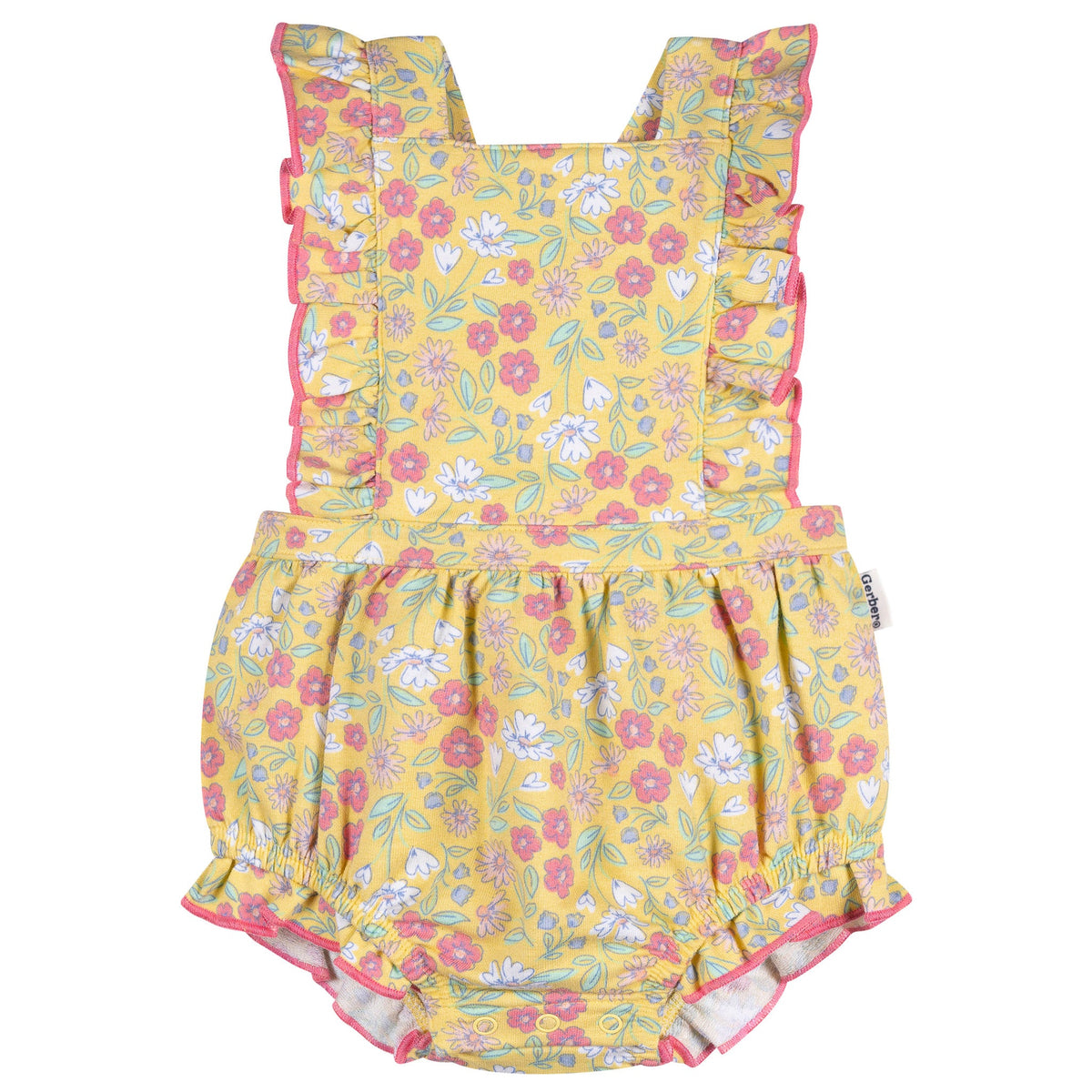Baby Girls Yellow Floral Ruffle Strap Bubble Romper