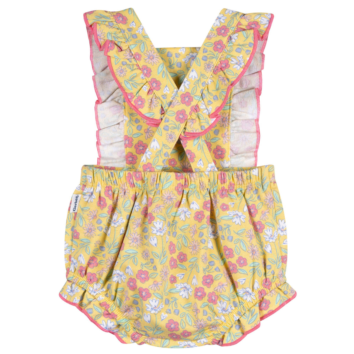 Baby Girls Yellow Floral Ruffle Strap Bubble Romper, view 2