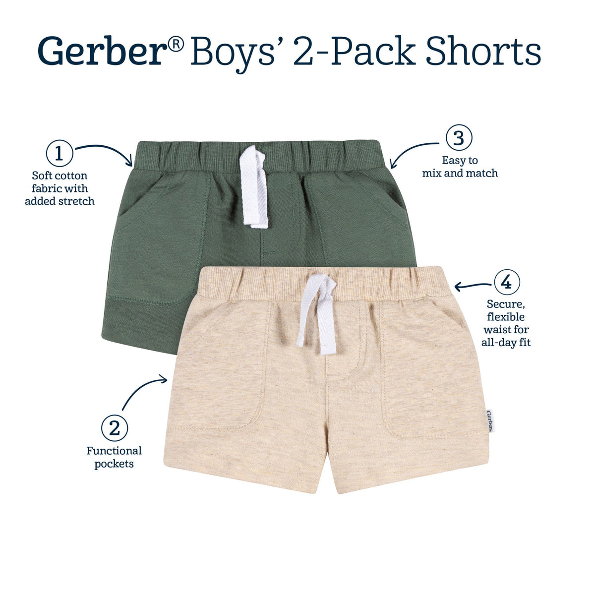 2-Pack Baby & Toddler Boys Green & Tan Knit Shorts-Gerber Childrenswear Wholesale