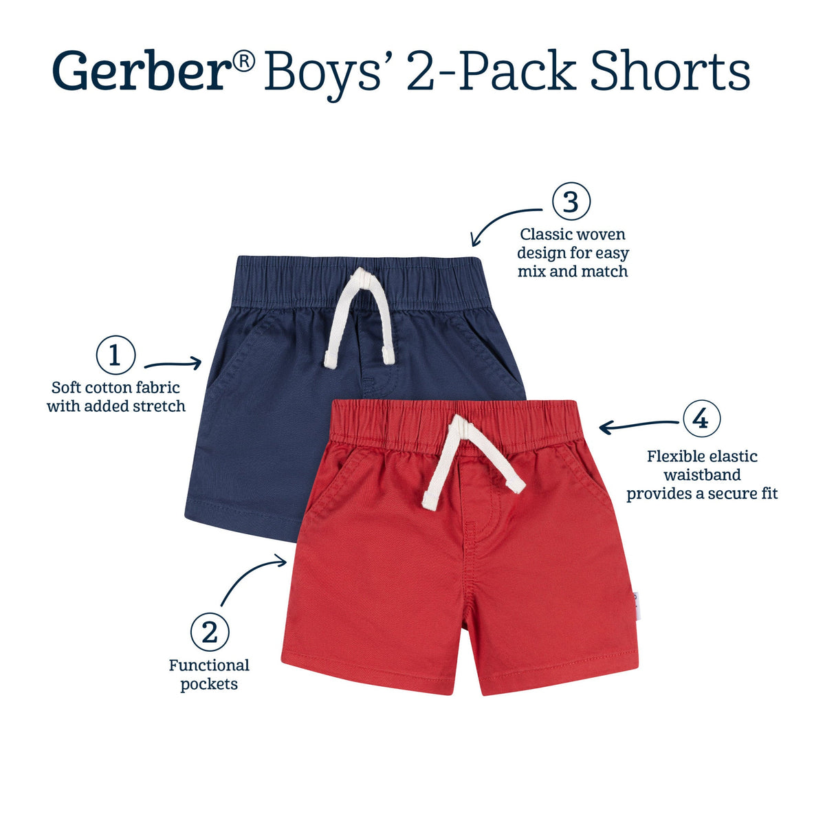 2-Pack Baby & Toddler Boys Blue & Red Shorts-Gerber Childrenswear Wholesale