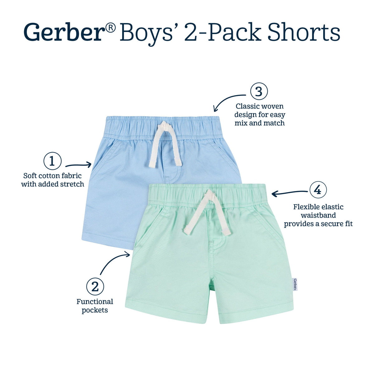 2-Pack Baby & Toddler Boys Green & Blue Shorts-Gerber Childrenswear Wholesale