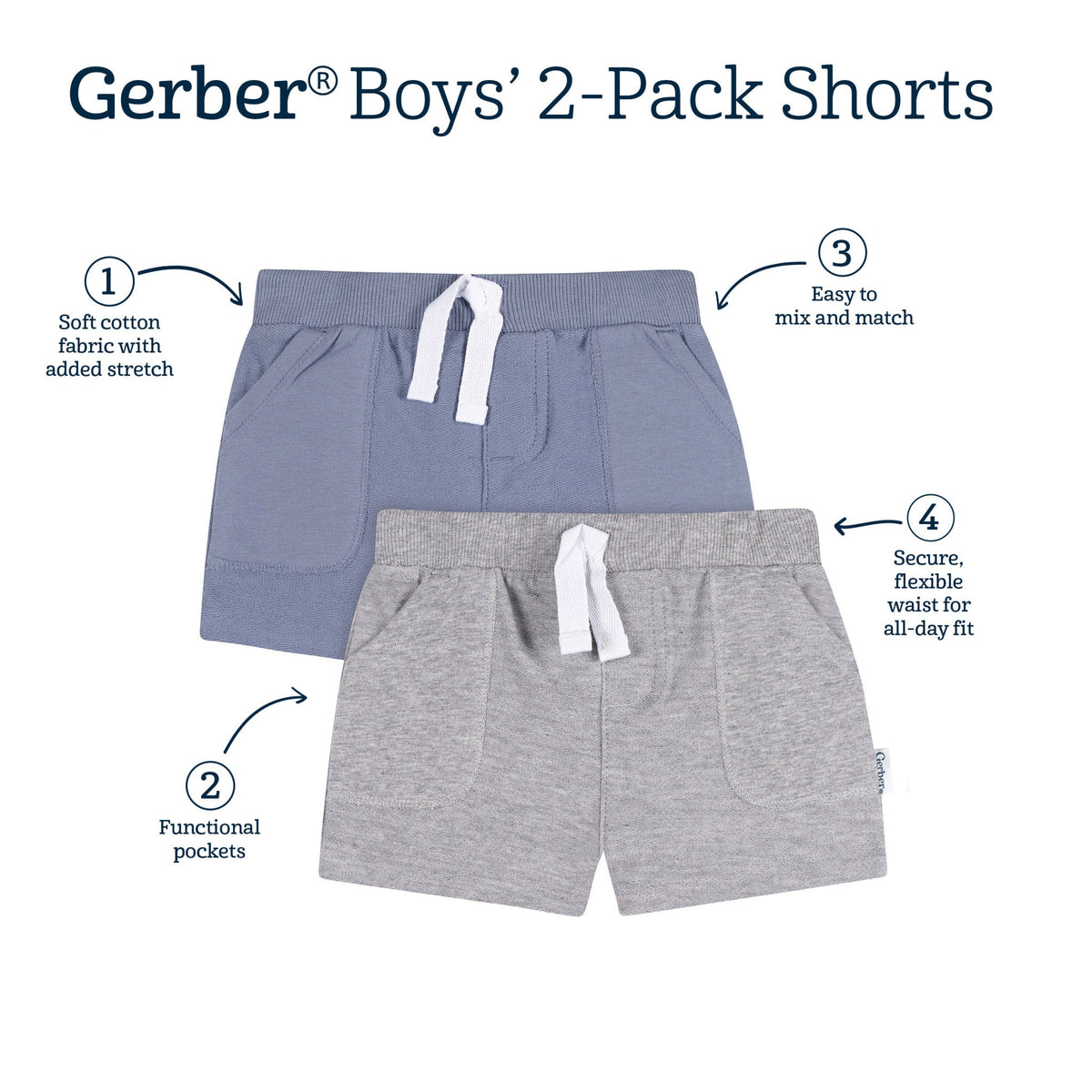 2-Pack Baby & Toddler Boys Blue & Gray Knit Shorts-Gerber Childrenswear Wholesale