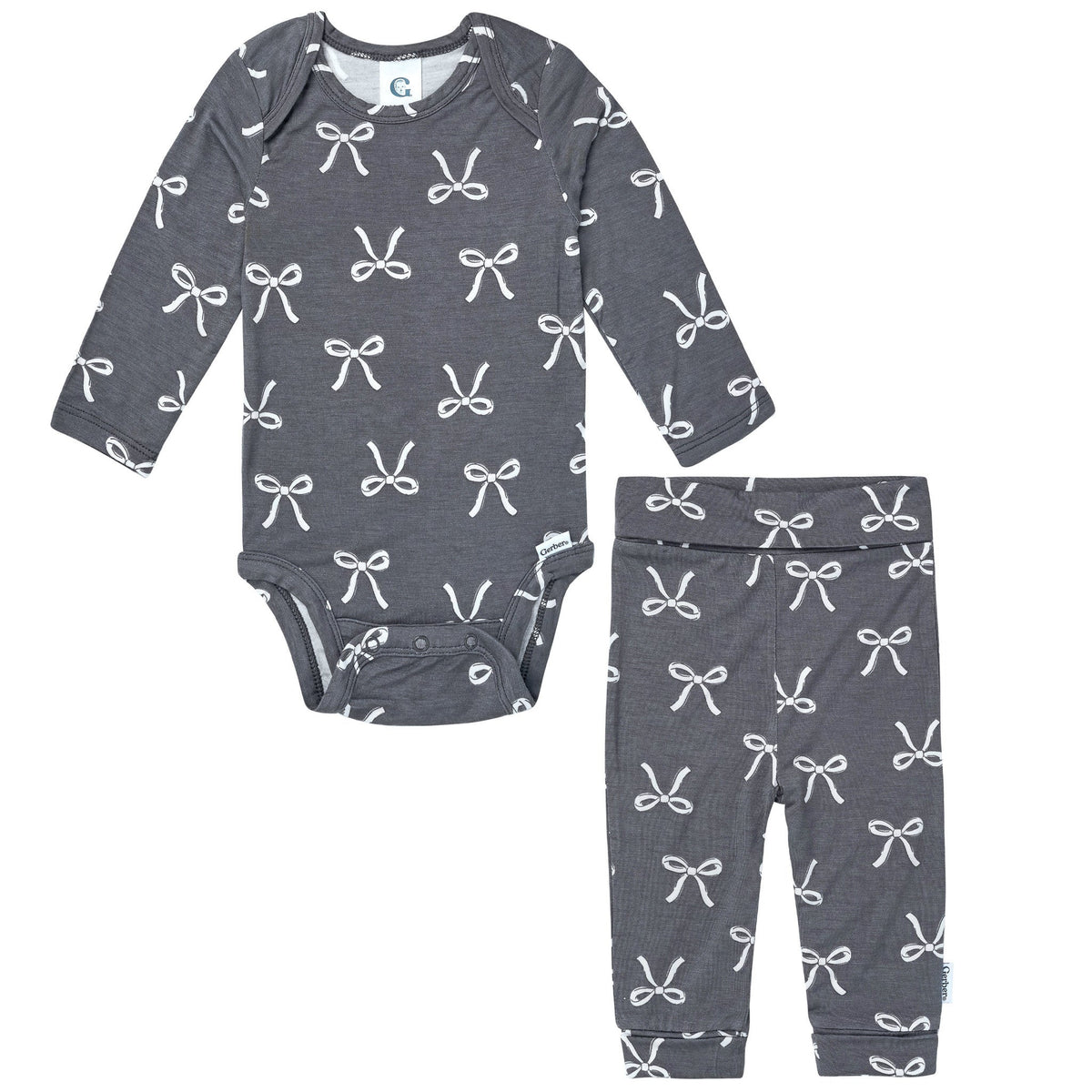 2-Piece Baby Girls Gray Bow Onesie® Pant Set-Gerber Childrenswear Wholesale