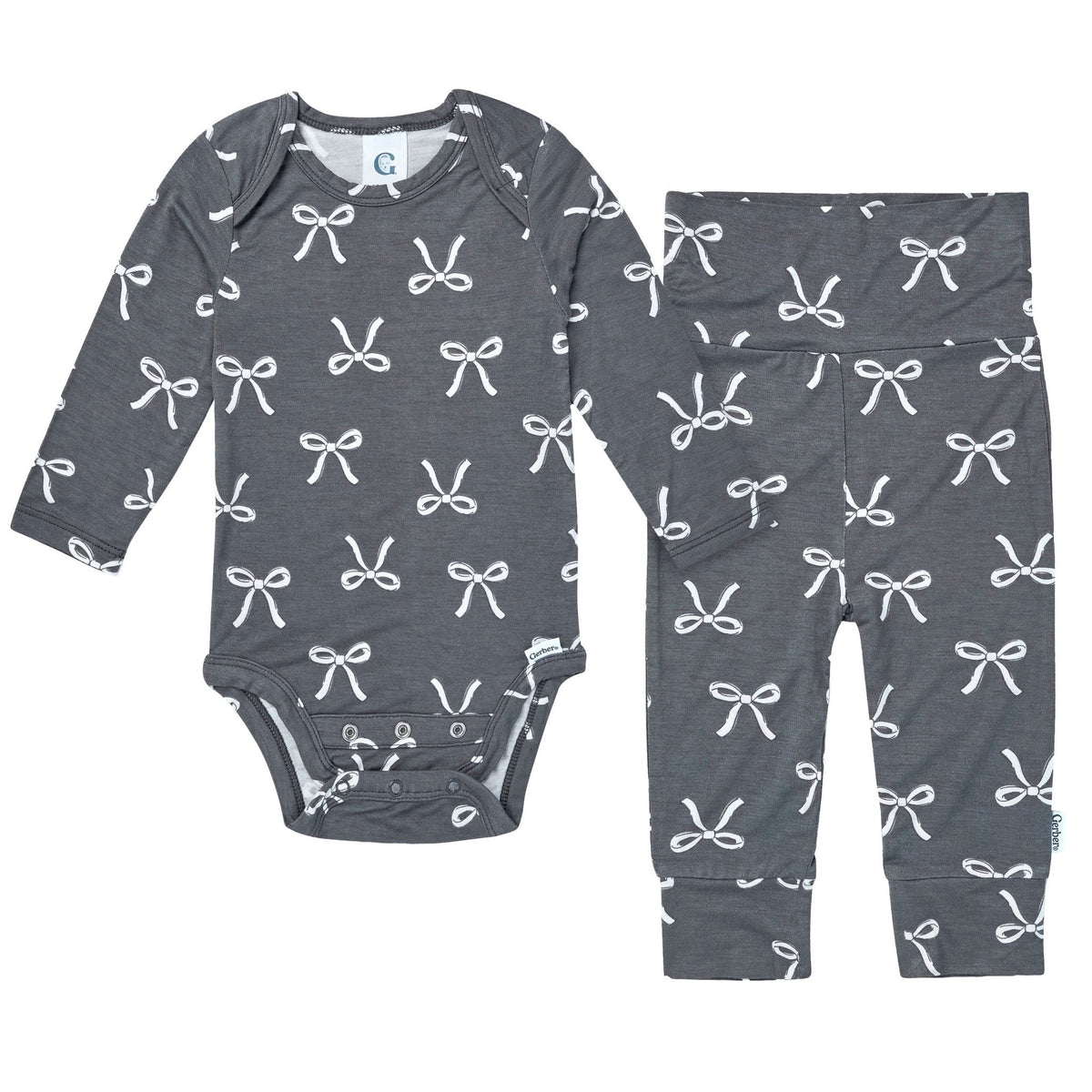 2-Piece Baby Girls Gray Bow Onesie® Pant Set-Gerber Childrenswear Wholesale