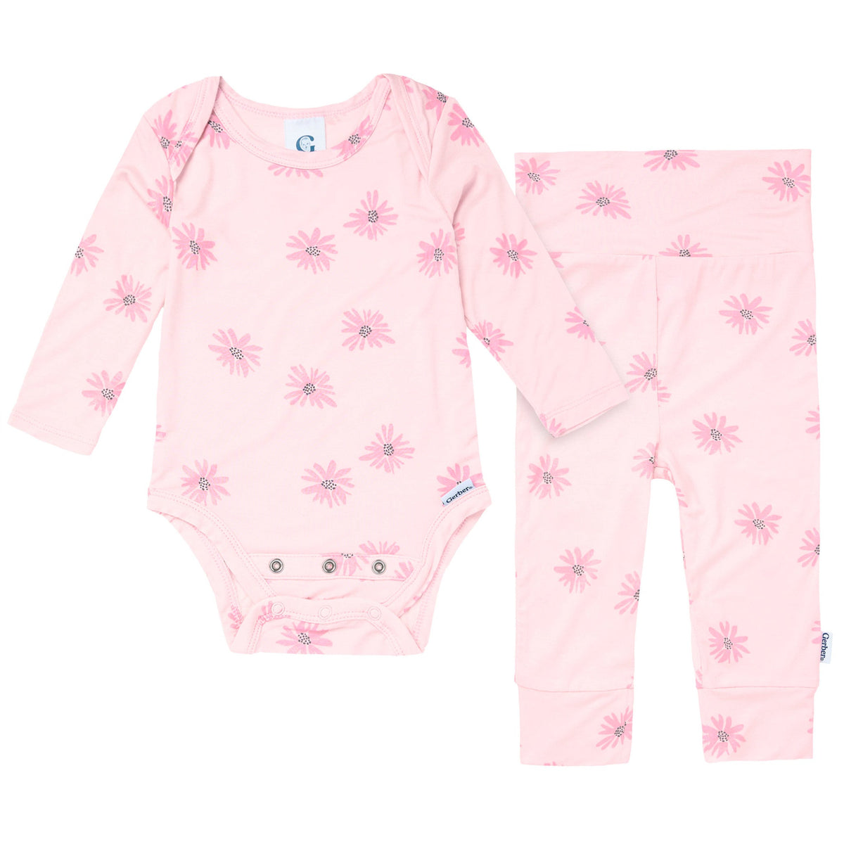 2-Piece Baby Girls Pink Floral Onesie® Pant Set-Gerber Childrenswear Wholesale