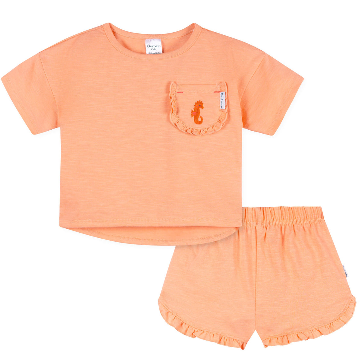 2-Piece Infant & Toddler Girls Peach Pocket Tee and Shorts Set