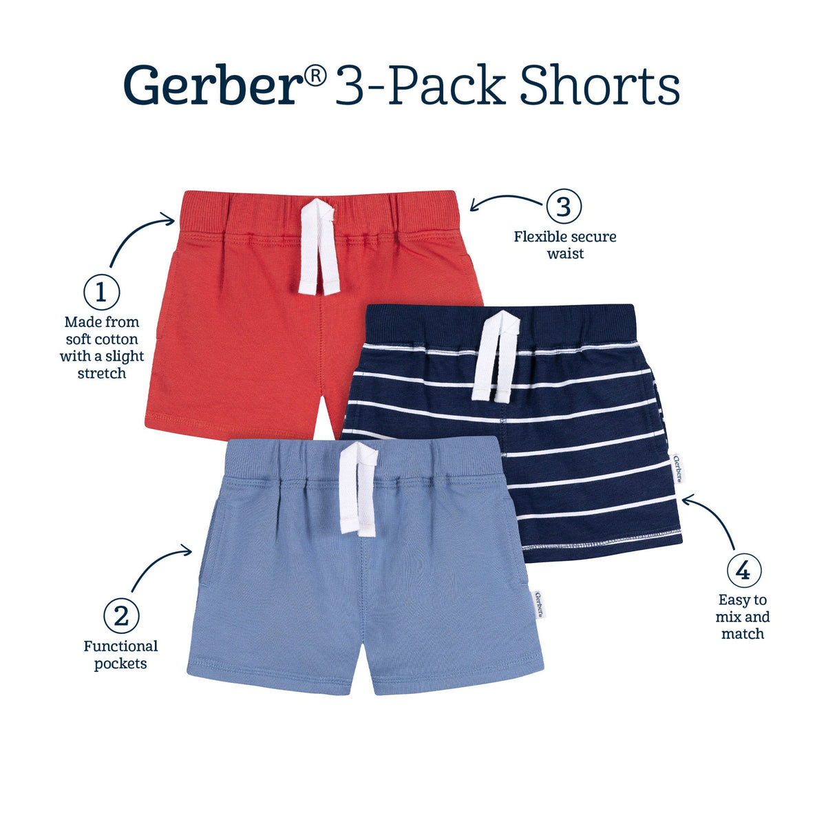 3-Pack Baby & Toddler Boys Blue & Red Knit Shorts-Gerber Childrenswear Wholesale