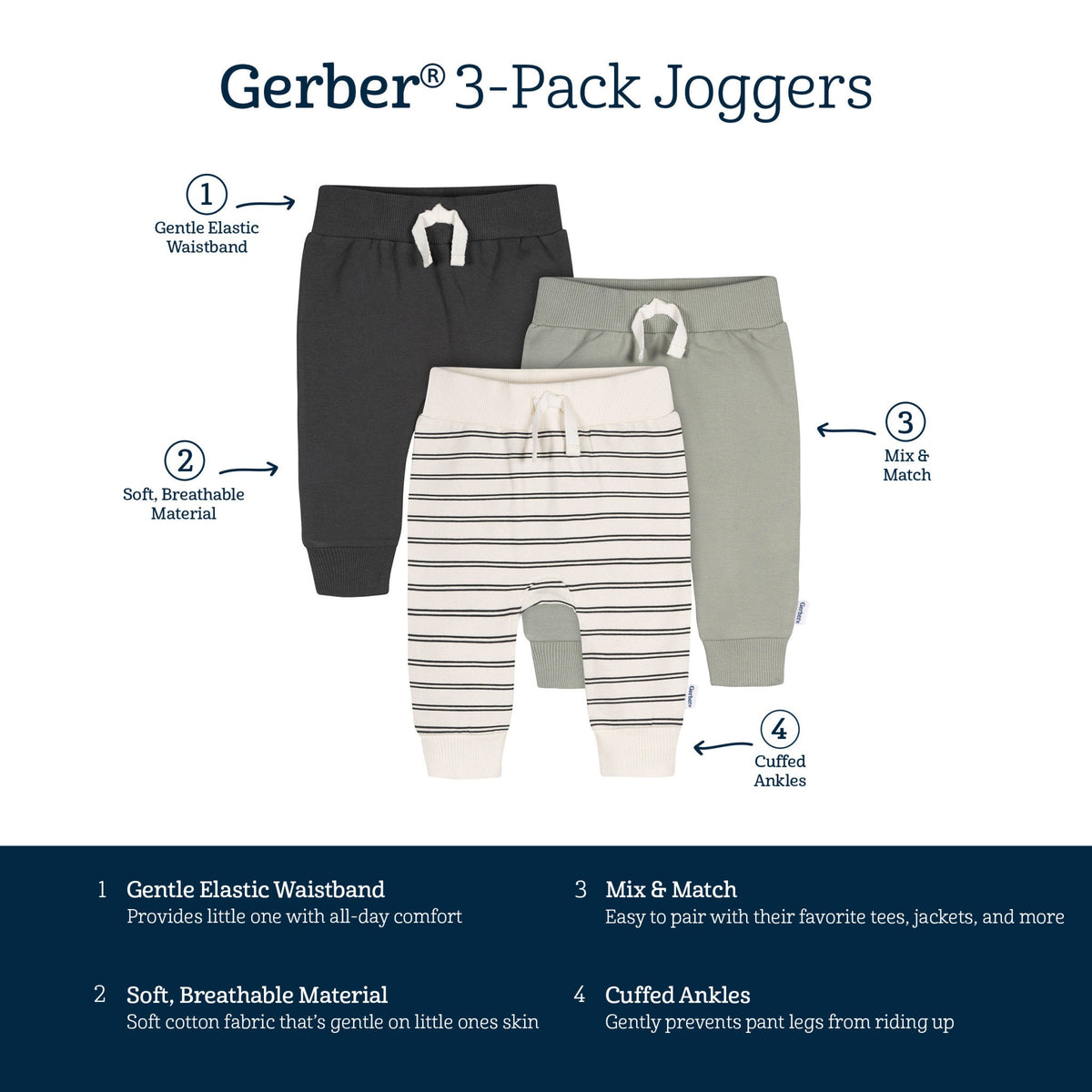 3-Pack Baby & Toddler Boys Wrought Iron Jogger Pants, view 8