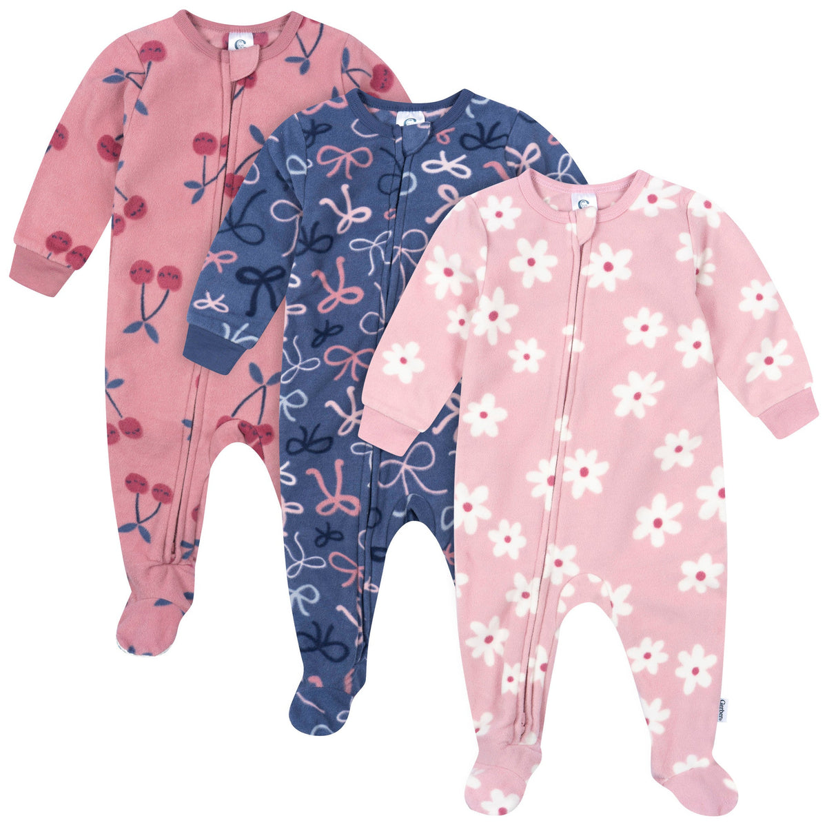 3-Pack Baby & Toddler Girls Cherries Footed Fleece Pajamas-Gerber Childrenswear Wholesale