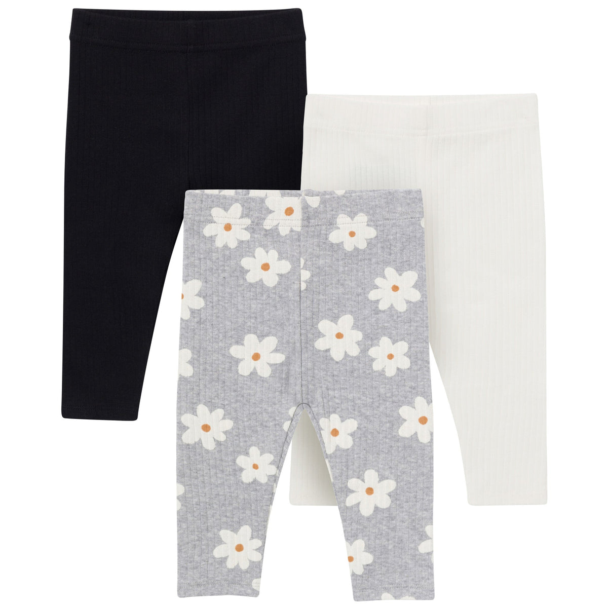 3-Pack Baby & Toddler Girls Gray Flowers, Cream and Black Textured Leggings