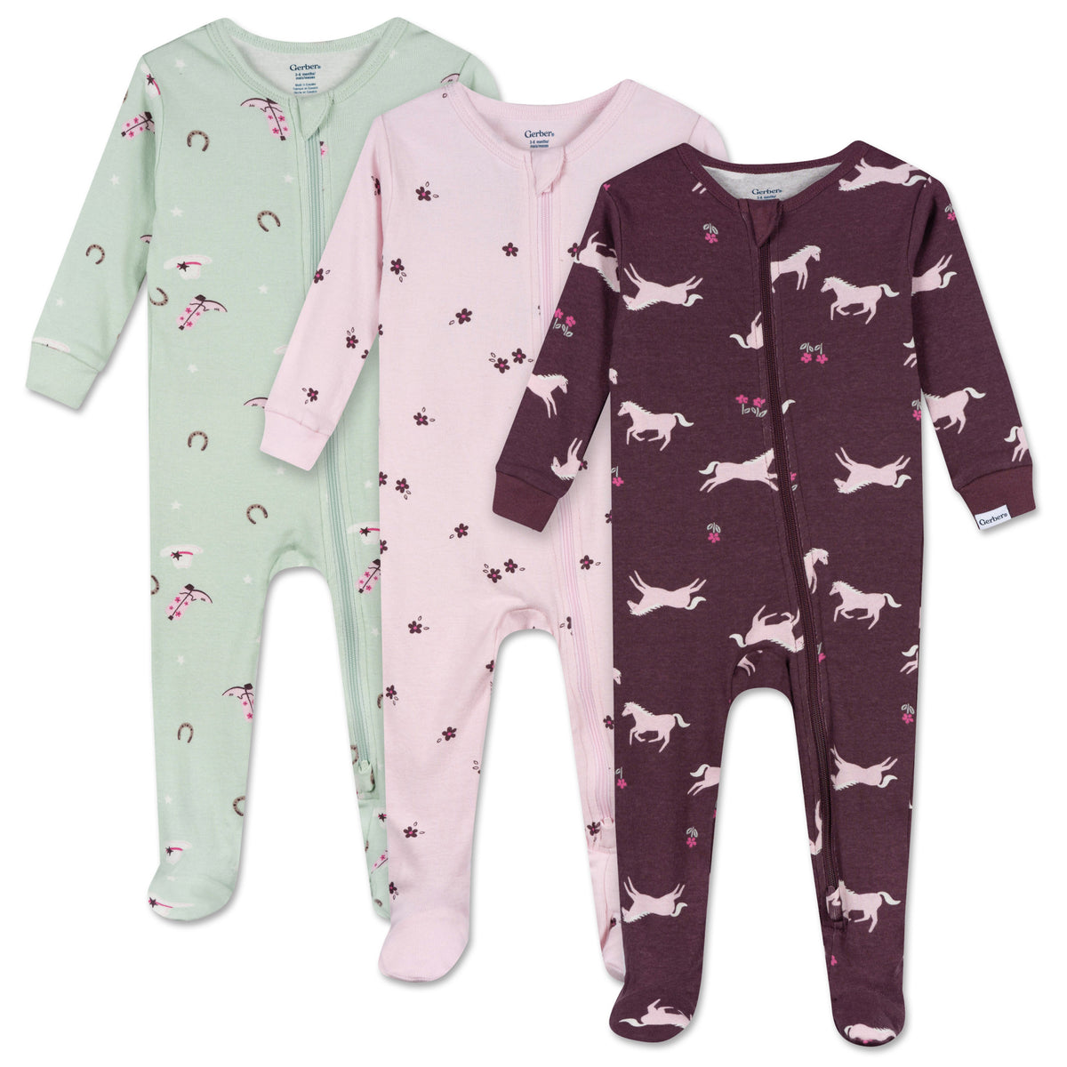3-Pack Baby & Toddler Girls Horses Snug Fit Footed Pajamas