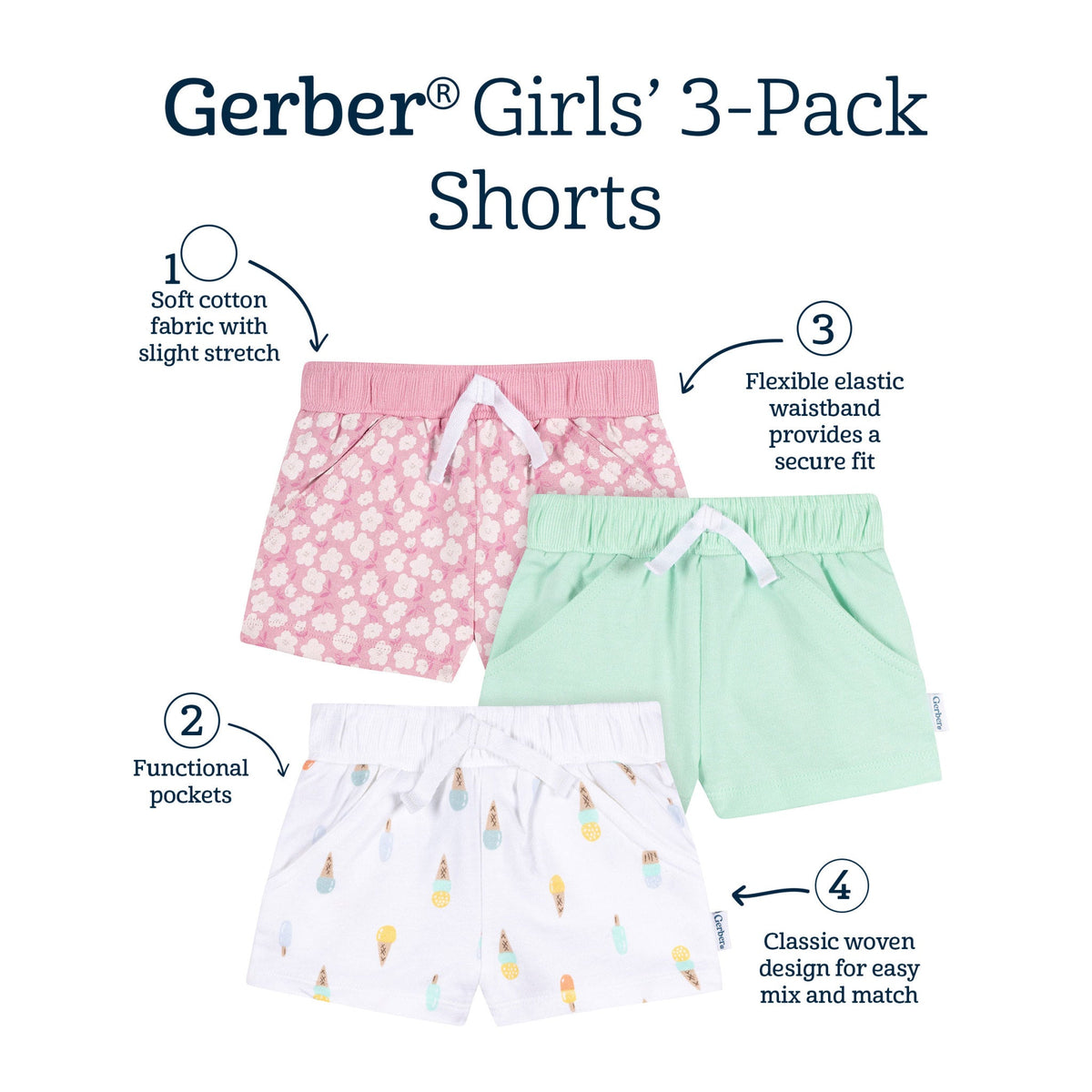 3-Piece Baby & Toddler Girls Ice Cream Knit Shorts-Gerber Childrenswear Wholesale