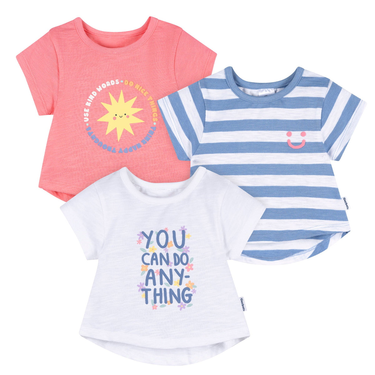 3-Pack Baby & Toddler Girls Pink, Blue and White Short Sleeve T-Shirts