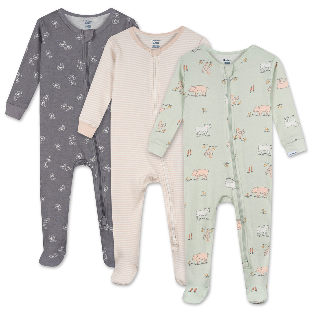 3-Pack Baby & Toddler Neutral Farm Snug Fit Footed Pajamas