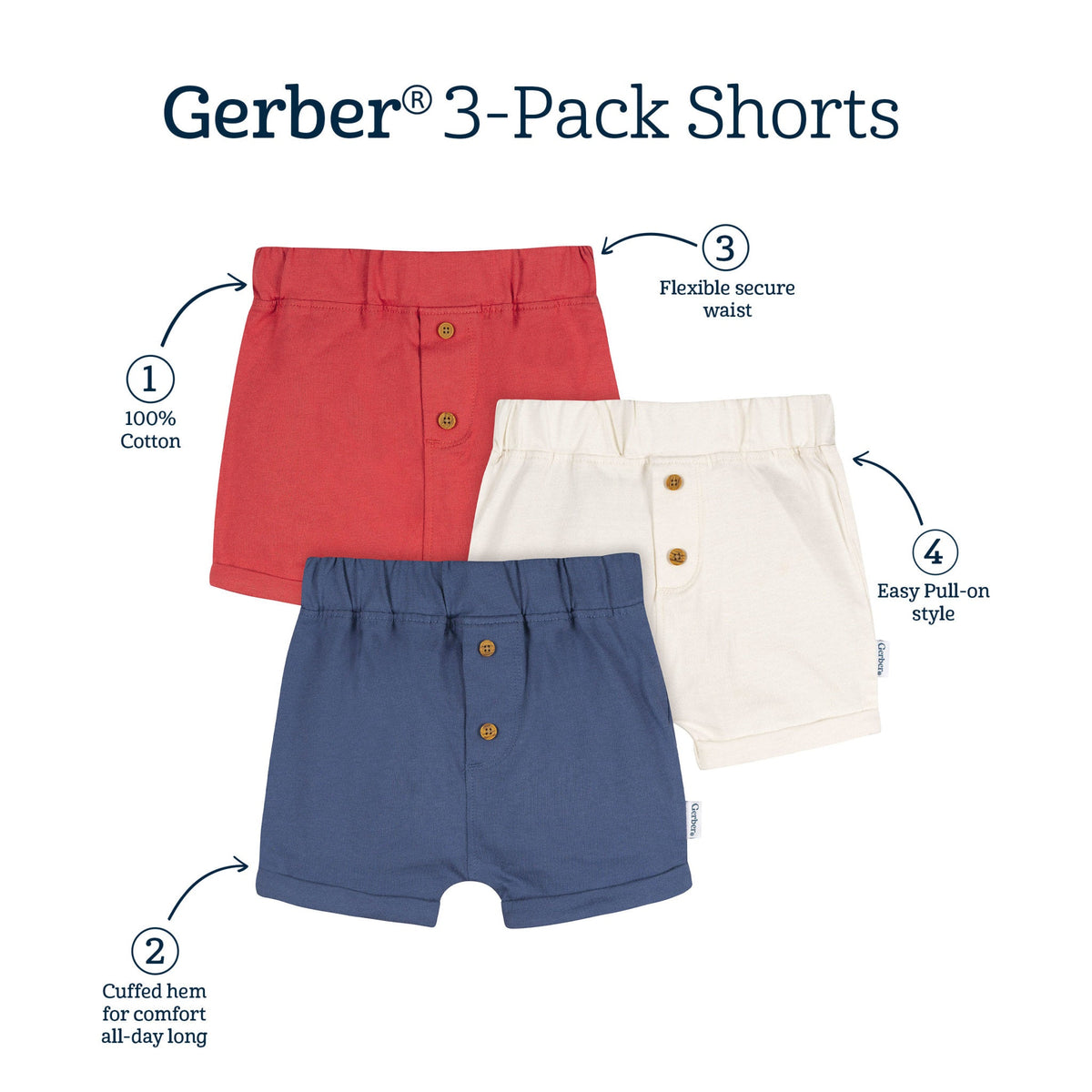 3-Pack Baby Boys Red, White & Blue Shorts-Gerber Childrenswear Wholesale