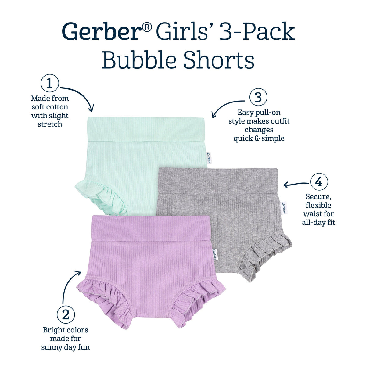 3-Pack Baby Girls Aqua, Gray & Purple Bubble Shorts-Gerber Childrenswear Wholesale