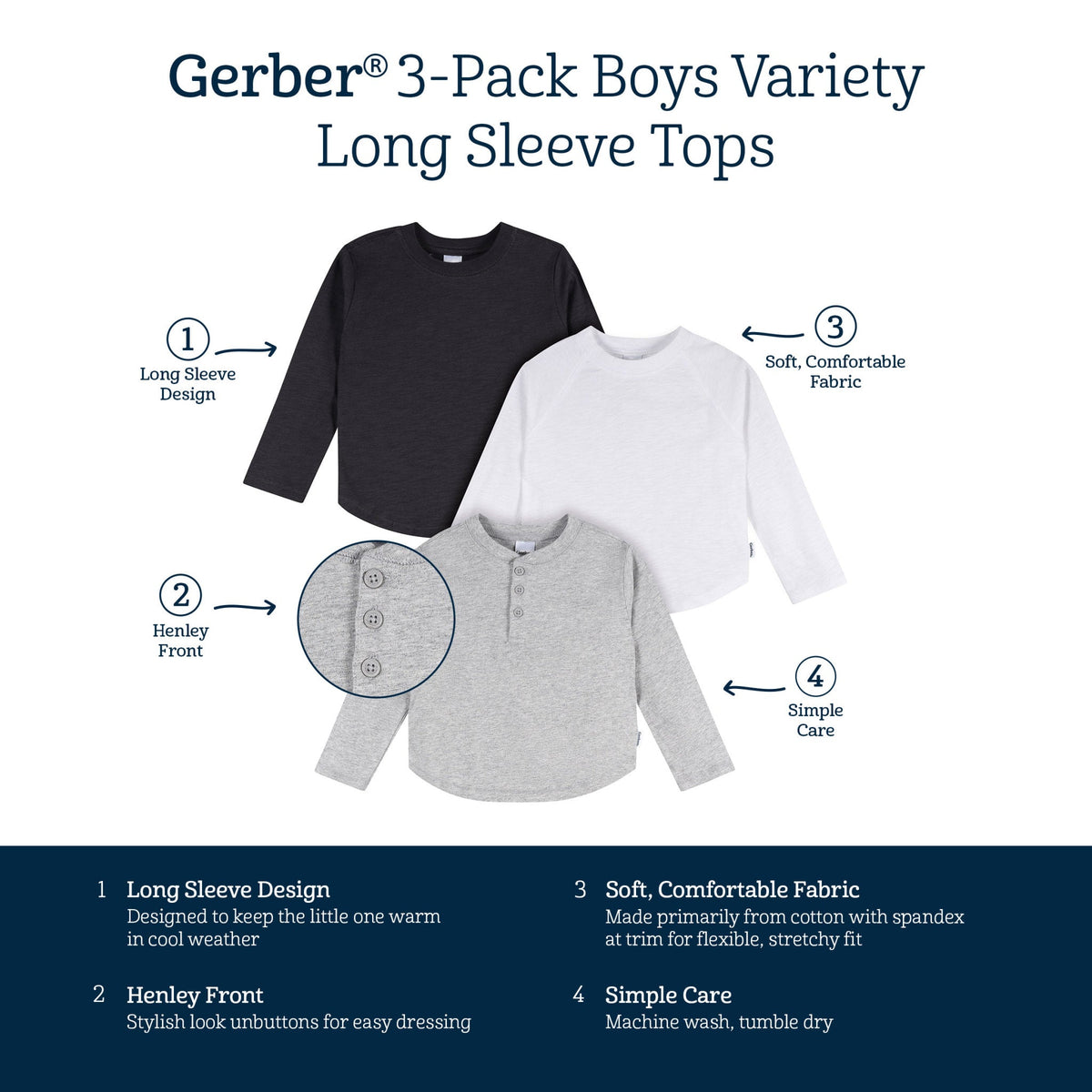 3-Pack Infant & Toddler Boys Black/White/Grey Long Sleeve Shirts, view 6