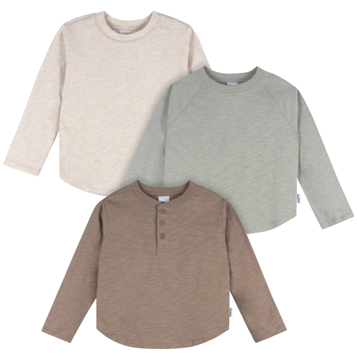 3-Pack Infant & Toddler Boys Green/Brown/Oatmeal Long Sleeve Shirts