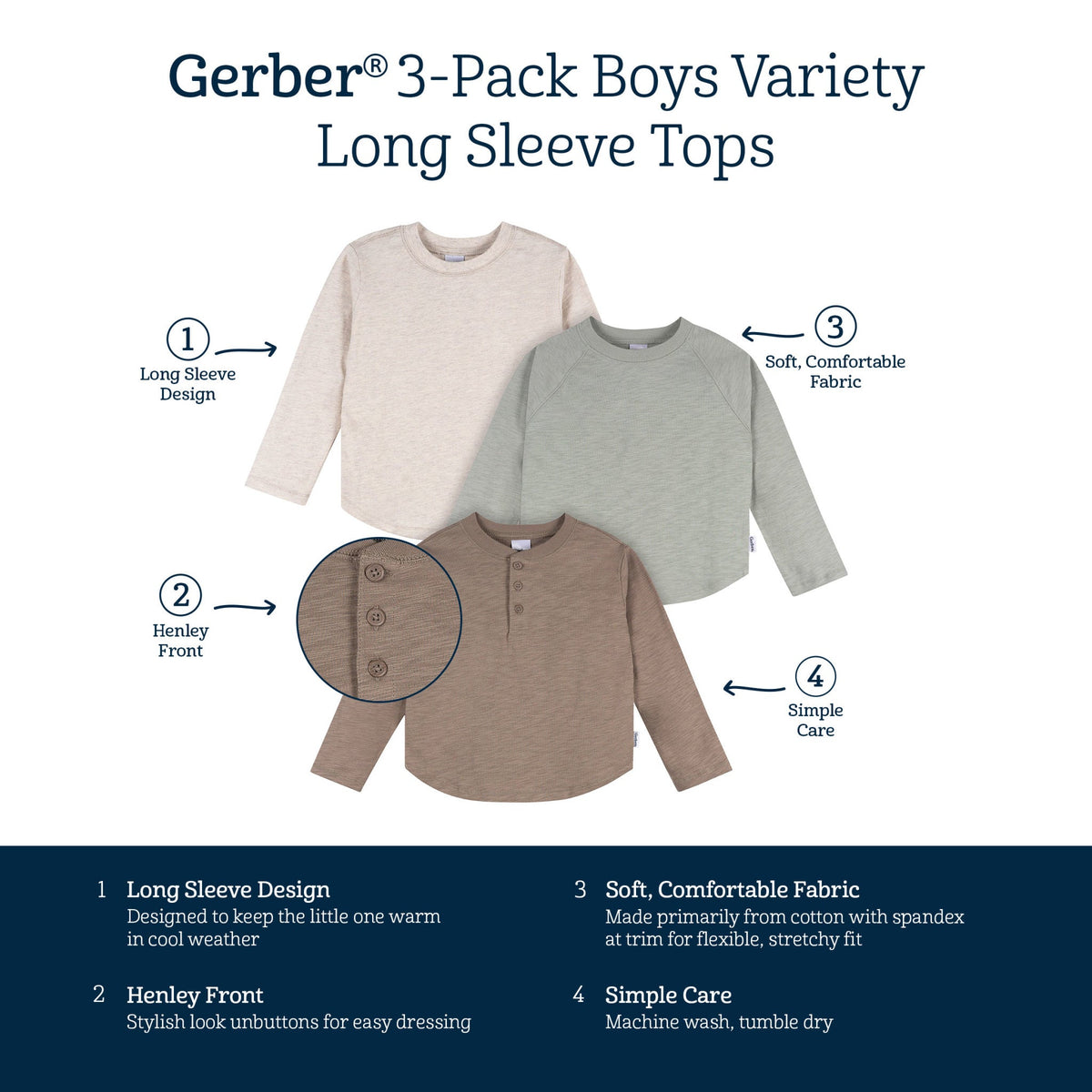 3-Pack Infant & Toddler Boys Green/Brown/Oatmeal Long Sleeve Shirts, view 6