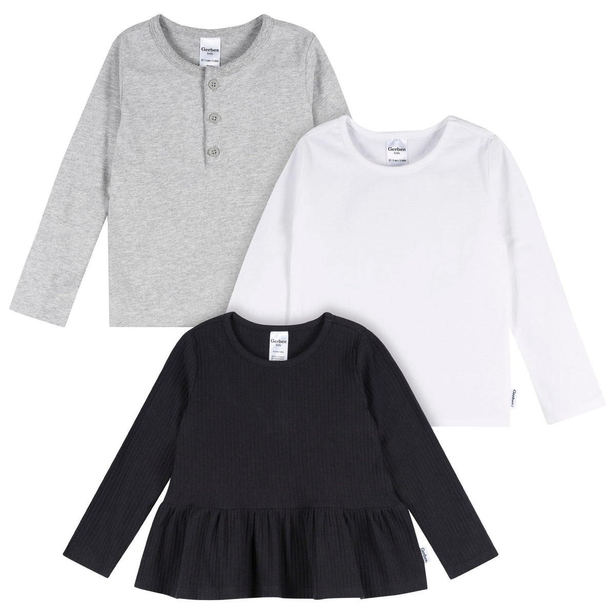 3-Pack Infant & Toddler Girls Black/White/Grey Long Sleeve Shirts
