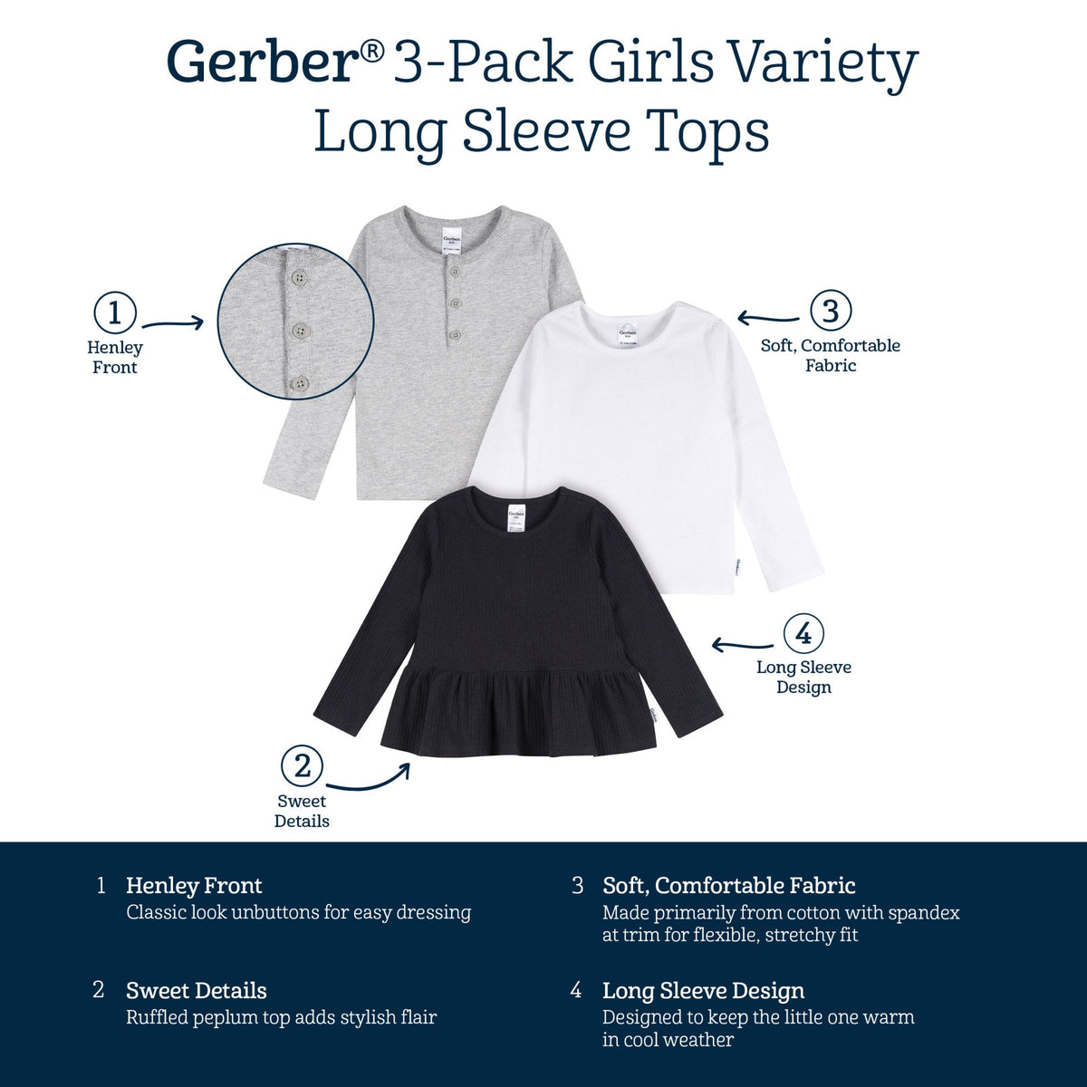3-Pack Infant & Toddler Girls Black/White/Grey Long Sleeve Shirts, view 7