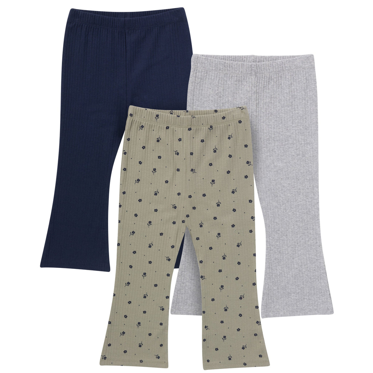 3-Pack Infant & Toddler Girls Green Daisies, Blue and Gray Textured Flare Leggings