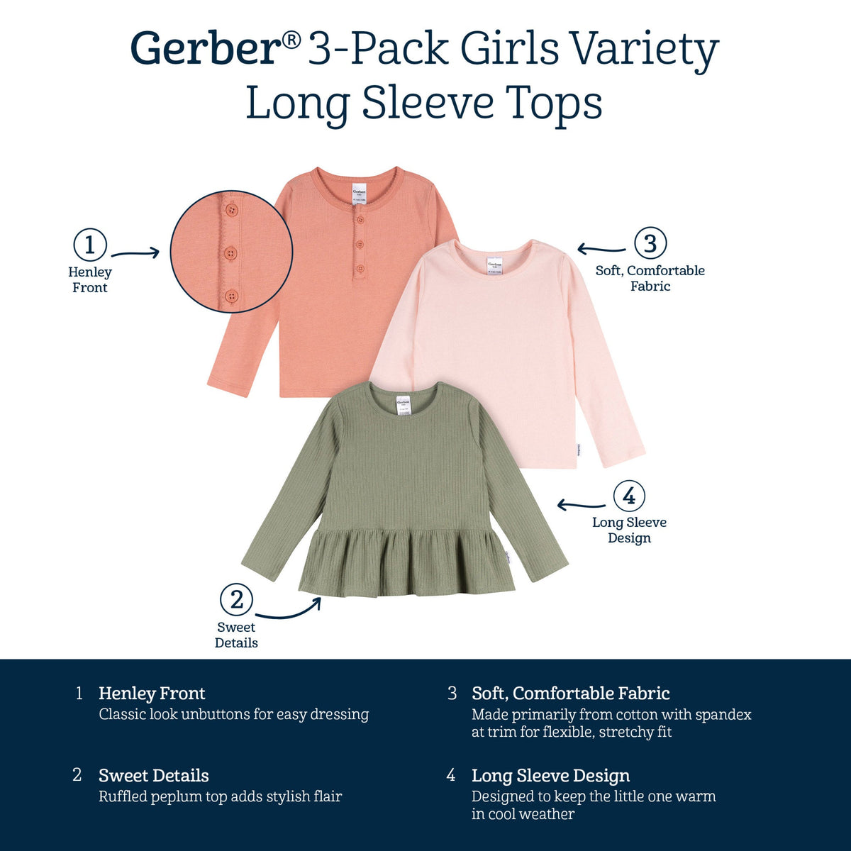3-Pack Infant & Toddler Girls Green/Pink/Coral Long Sleeve Shirts, view 7