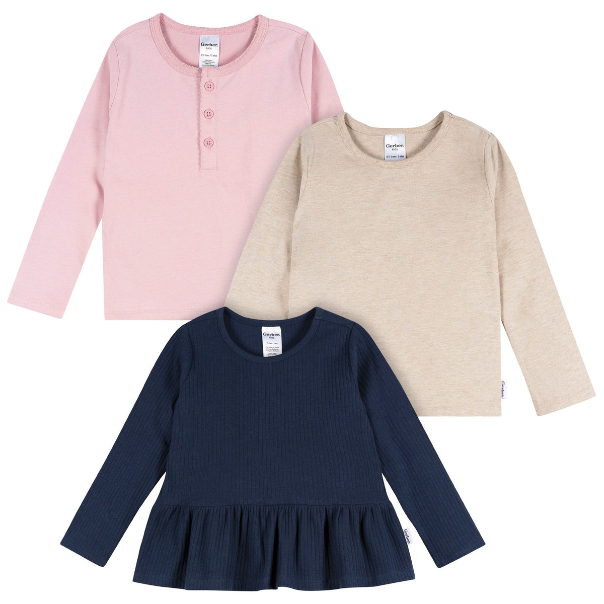 3-Pack Infant & Toddler Girls Navy/Oatmeal/Violet Long Sleeve Shirts