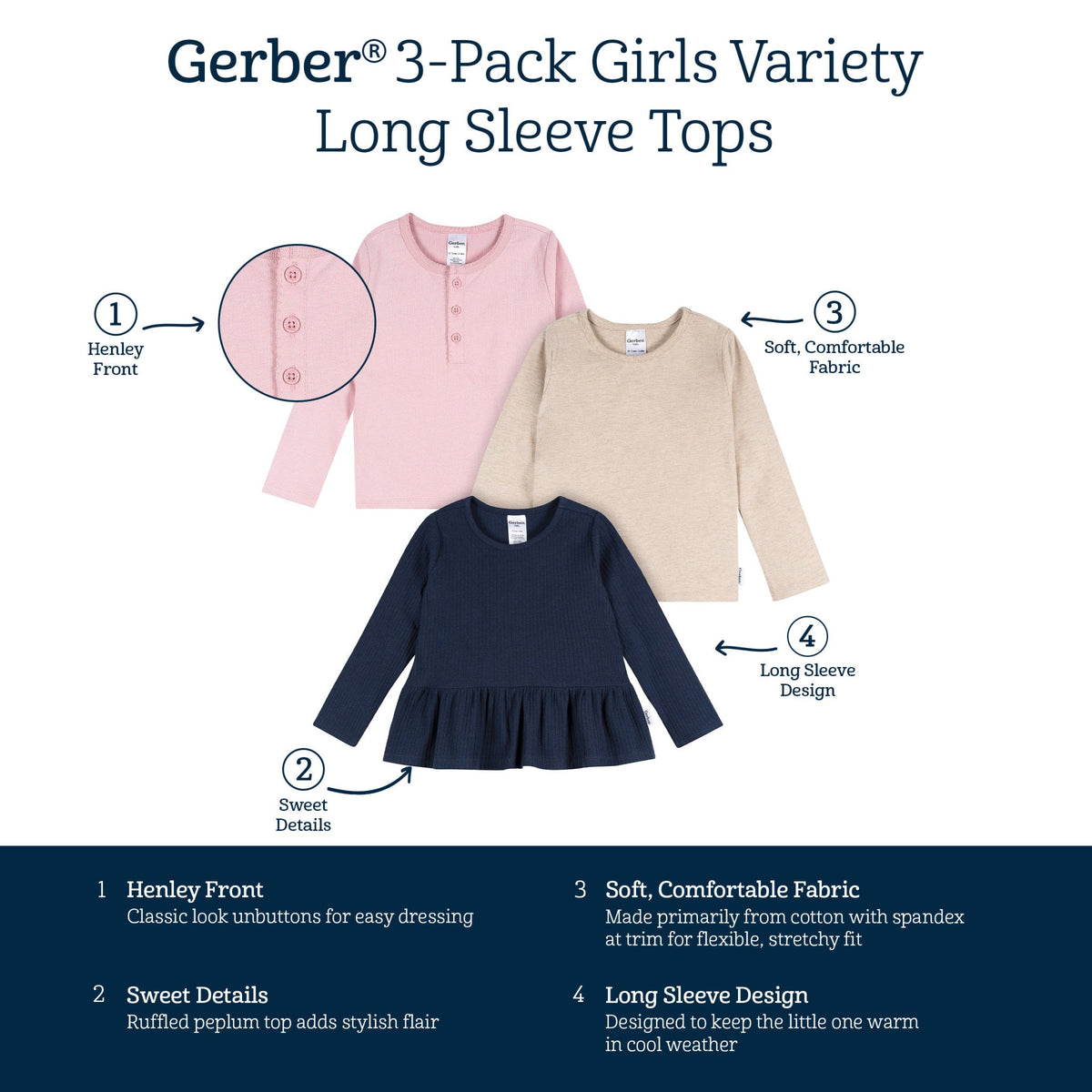 3-Pack Infant & Toddler Girls Navy/Oatmeal/Violet Long Sleeve Shirts, view 7