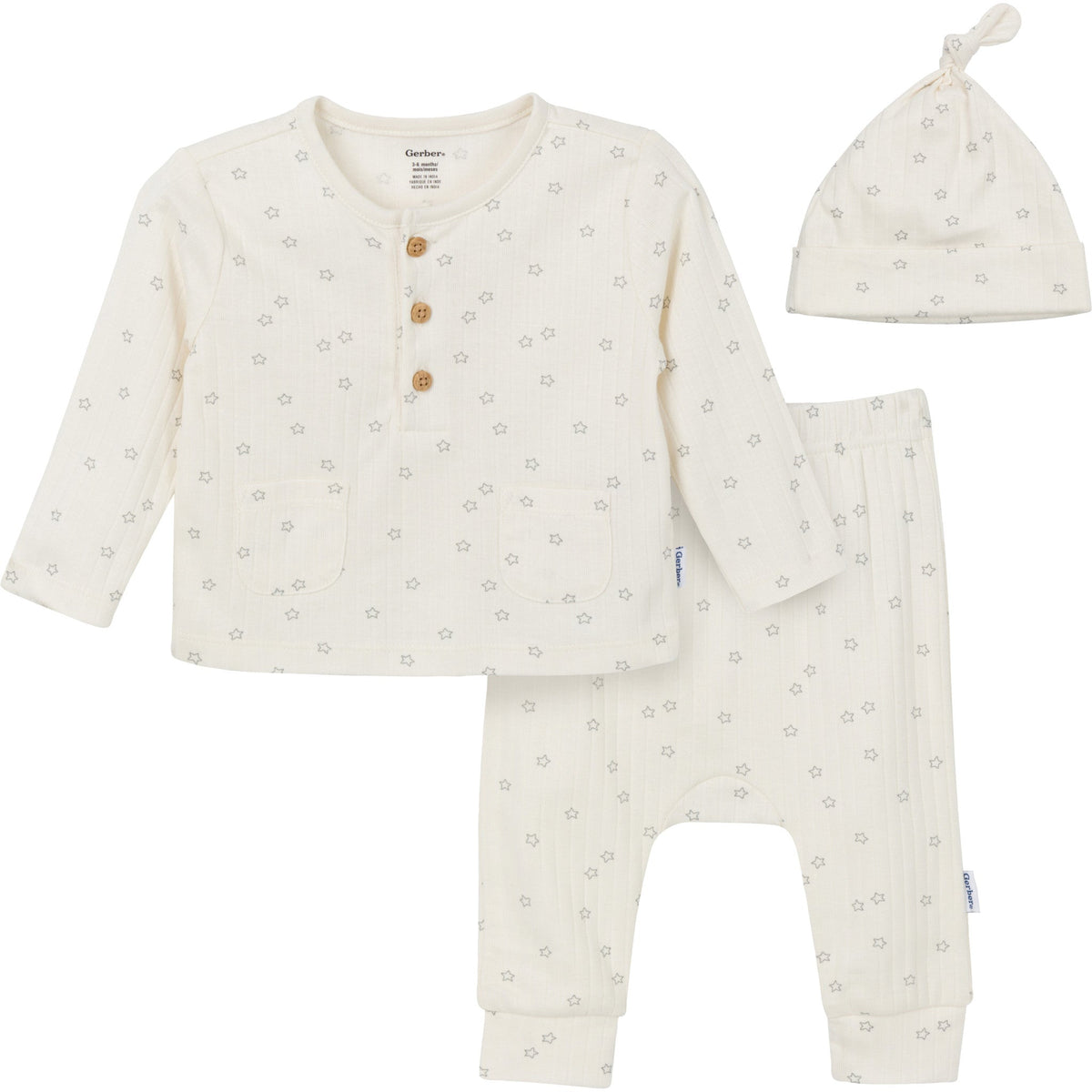 3-Piece Baby Neutral Neutral Grey Moons Top, Pant, & Cap Set