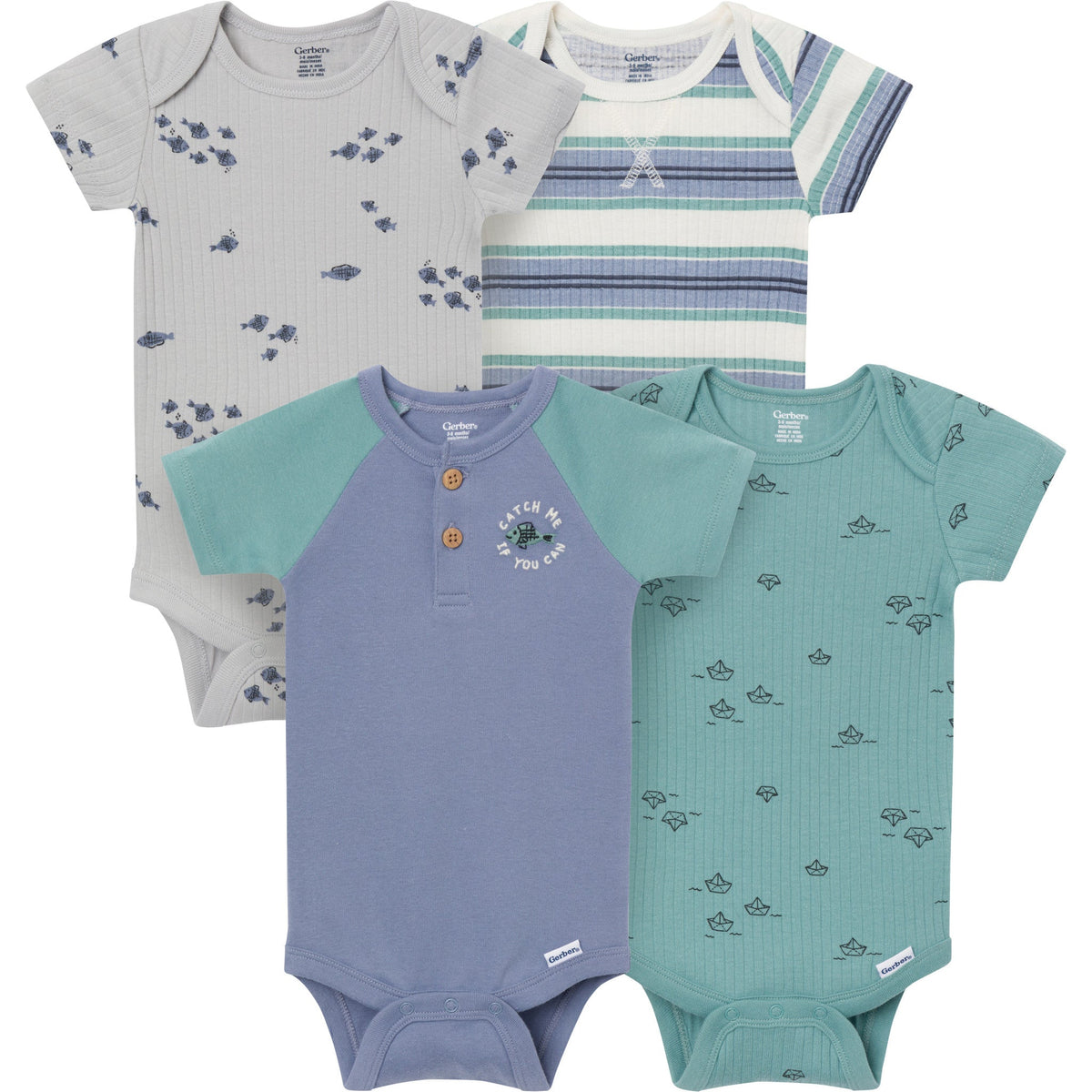 4-Pack Baby Boys Catch Me Fishing Short Sleeve Bodysuits-Gerber Childrenswear Wholesale