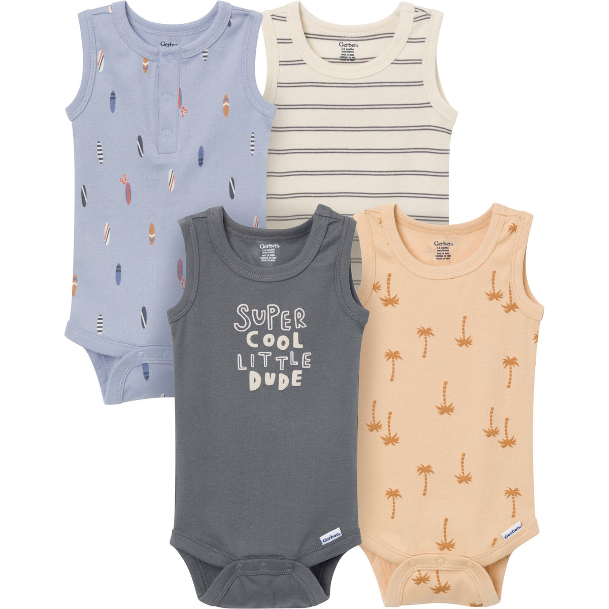 4-Pack Baby Boys Surfer Dude Sleeveless Bodysuits-Gerber Childrenswear Wholesale